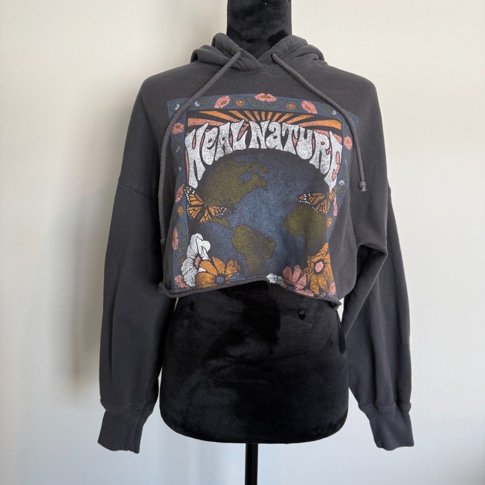 Hollister Real Nature Graphic Cropped Hoodie Womens‎ Size S Gray Grunge Hippie